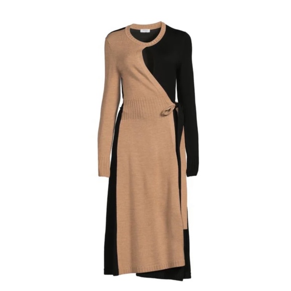 $1390 Akris Punto Colorblock Virgin Wool Wrap Dress in Black / Tan - Picture 2 of 7